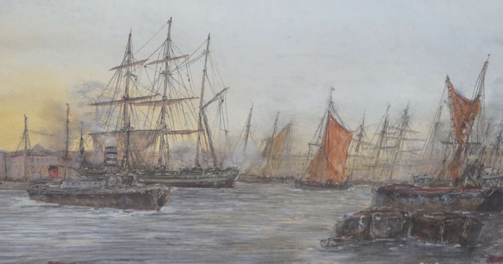 PMD, pastel, Harbour scene with barges and tallships, monogrammed, 34 x 52cm. Condition - fair to good